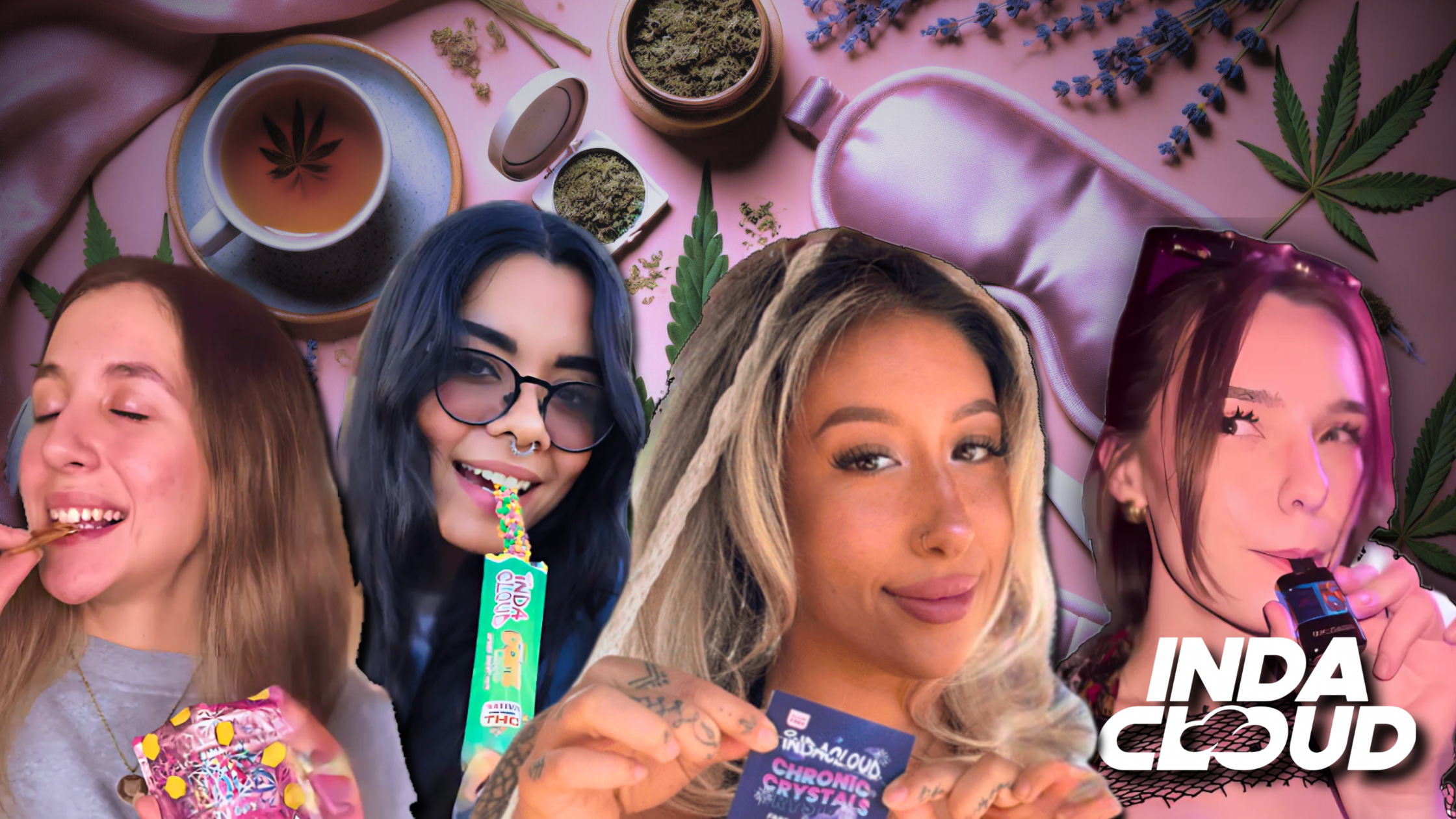 Four women enjoying cannabis products with herbs and "INDA CLOUD" logo.